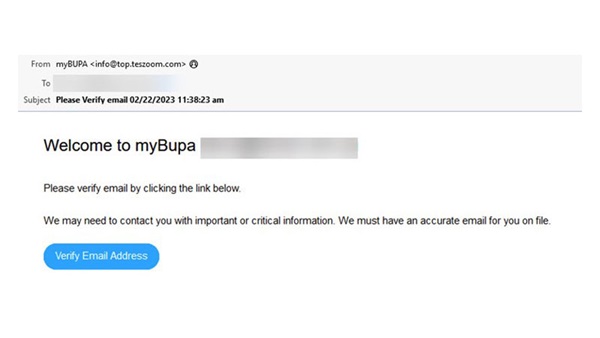Phishing email asking to verify email with suspicious Bupa branding.
