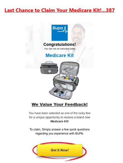 Phishing email offering fake Medicare kit with Bupa branding