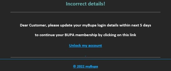 Phishing email asking to update myBupa login details.