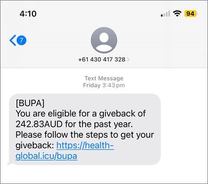 Phishing text claiming a 242.83 AUD refund from Bupa